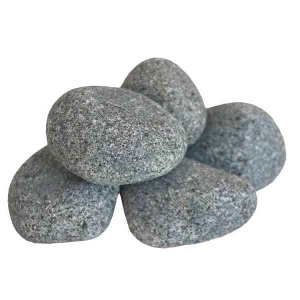 Rounded gray Harvia sauna stones shown on a white background