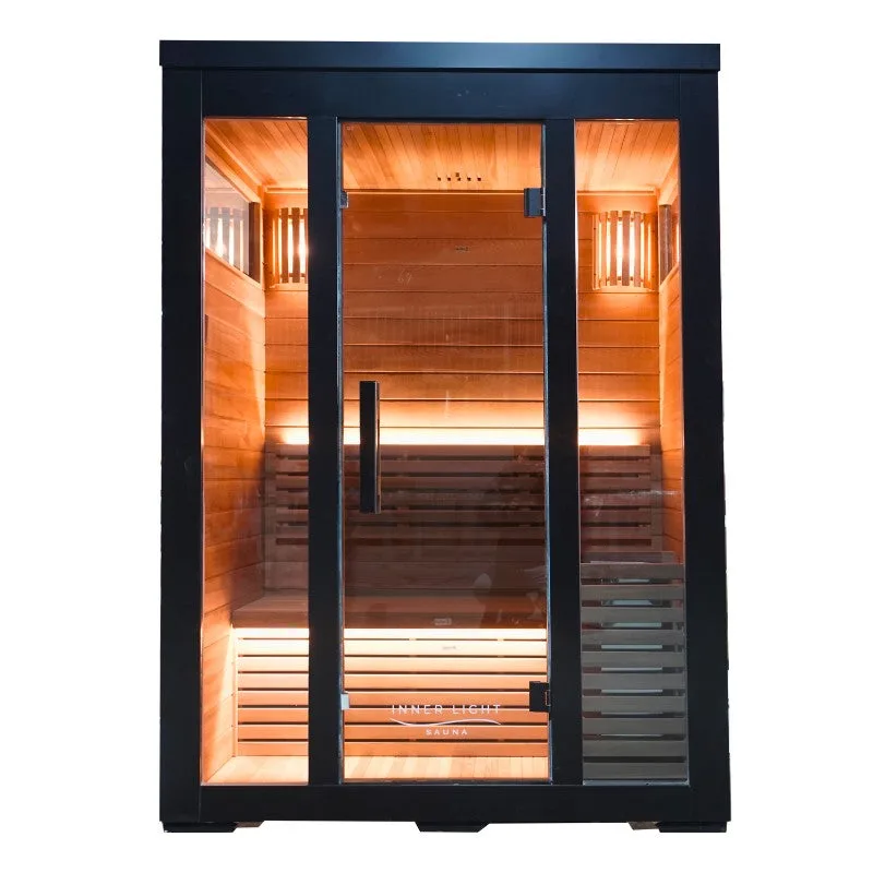 Black Inner Light Demfin 3 traditional outdoor sauna shown from the front
