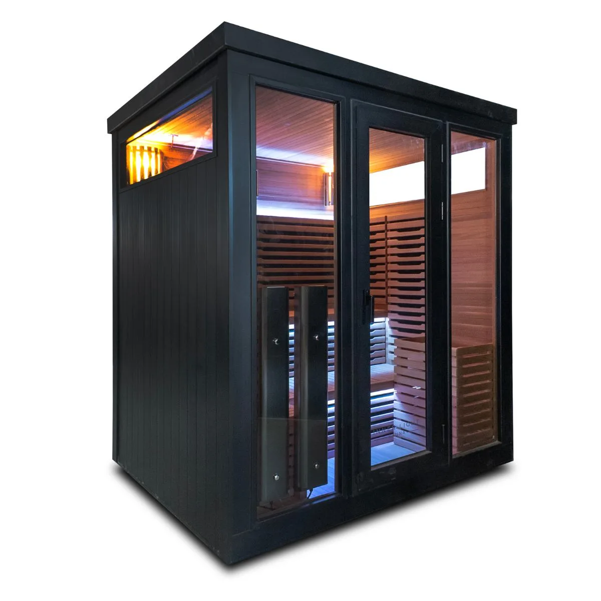 Black Inner Light Demfin 6 hybrid sauna shown at an angle