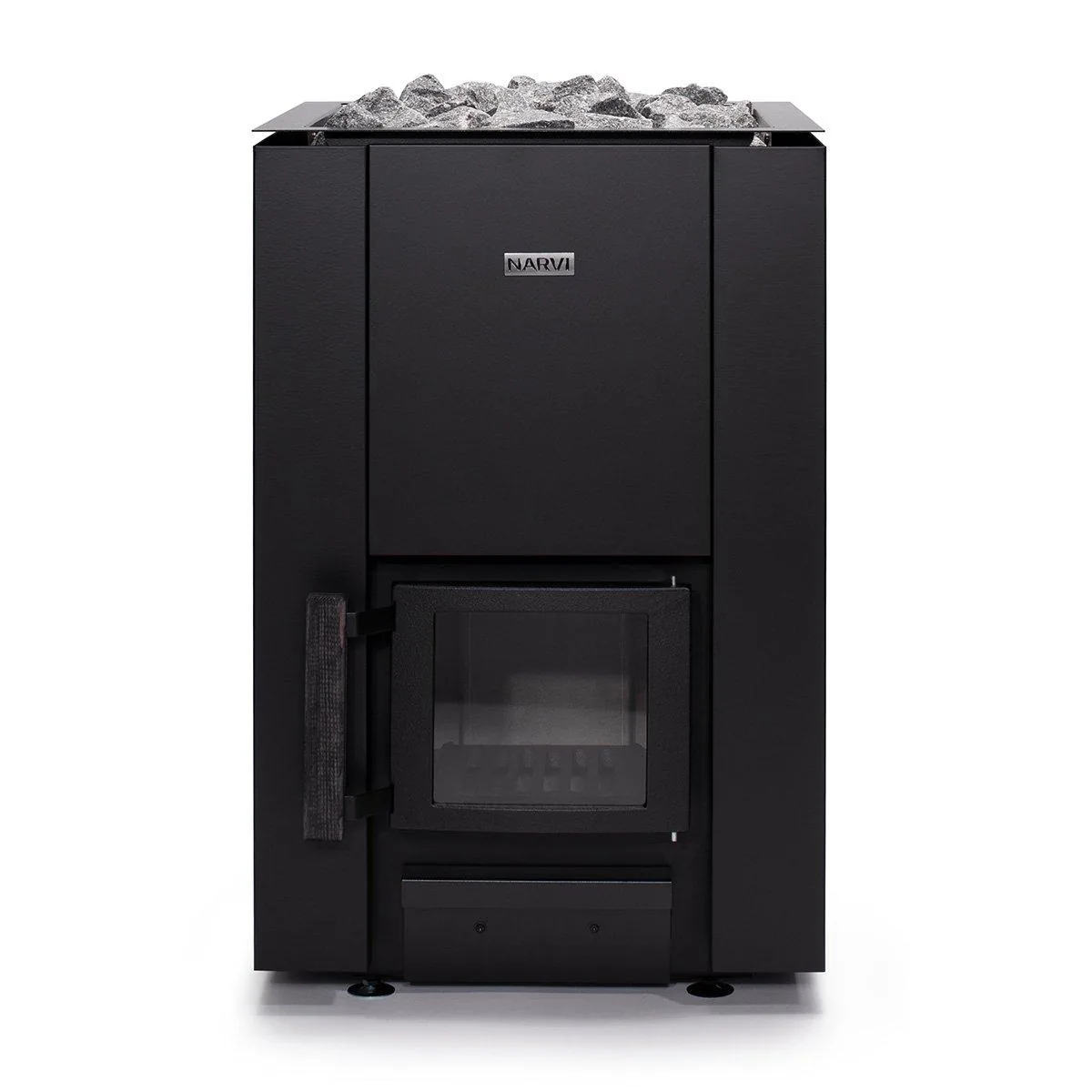 Narvi Kaamos black wood-fired sauna stove with stone load on top