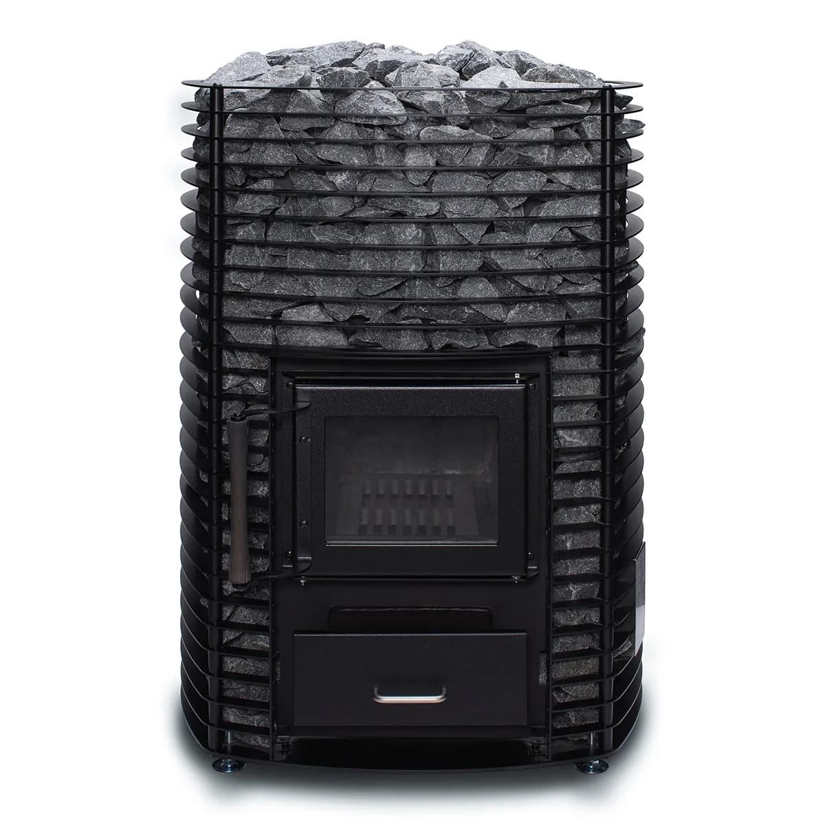 Narvi Velvet 35 stone-clad wood-fired sauna stove in a protective cage