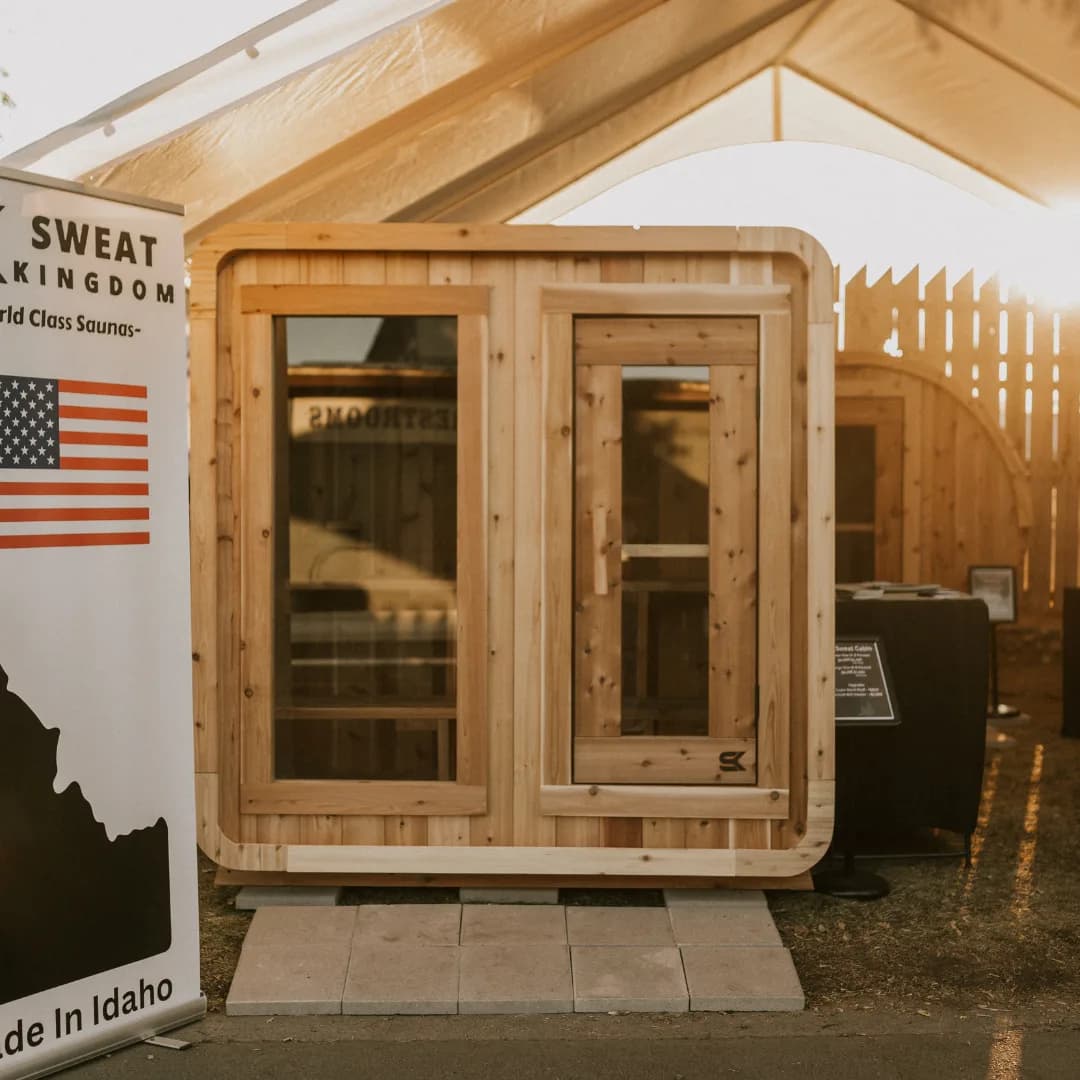 Sweat Kingdom cabin sauna displayed at the workshop