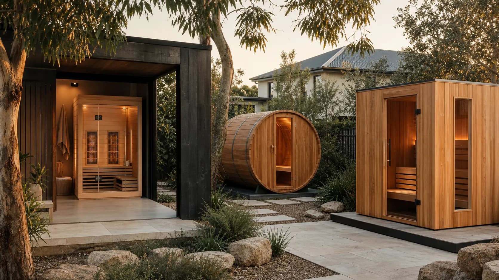 Three unbranded home sauna formats in a contemporary Australian backyard