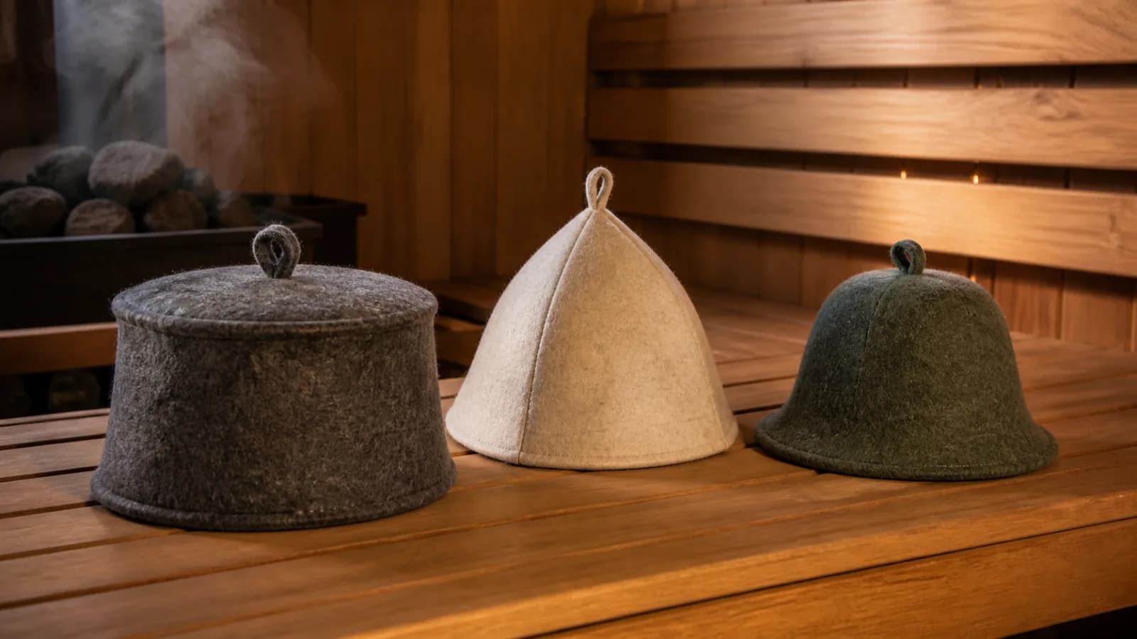 Three wool felt sauna hats in natural colors on a cedar sauna bench