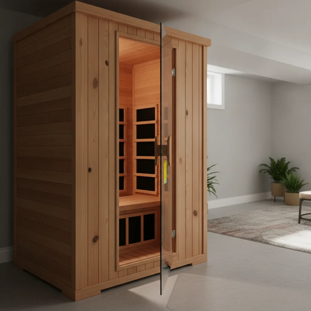 A cedar indoor infrared sauna cabin in a basement with its glass door open, dark infrared panels inside and a yellow caution tag hanging from the door handle