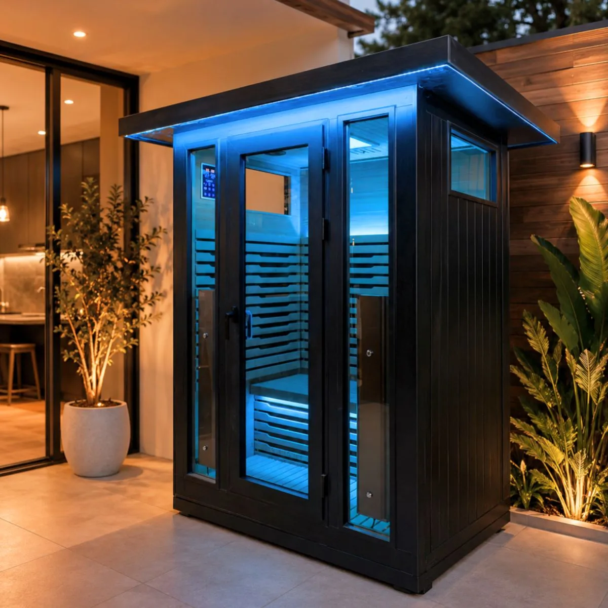 Black Inner Light La Mar 2 outdoor infrared sauna on a patio at dusk