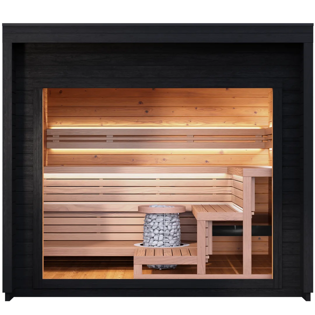 Cutaway view of a Loyly sauna interior showing benches, heater and mechanical ventilation