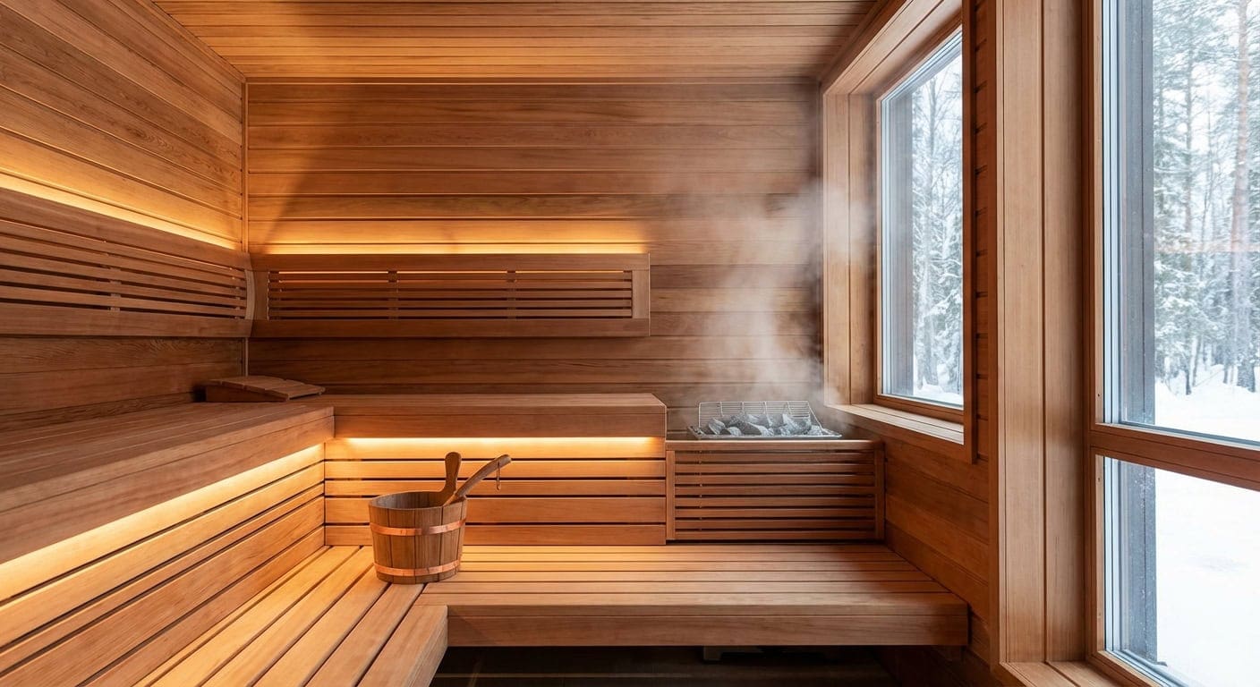 Authentic Finnish sauna interior with aged cedar wood